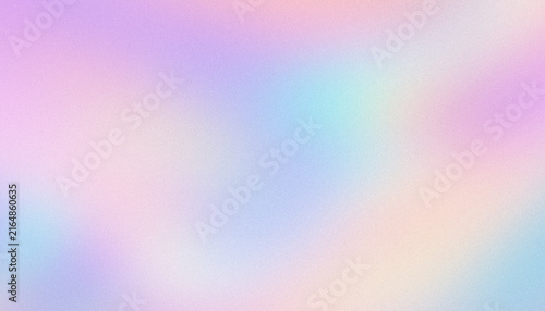 Abstract soft pastel background with dreamy glowing light, delicate pink, lavender purple, sky blue and peach smooth organic gradient with vintage grainy noise texture