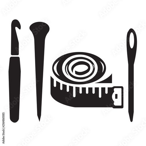 Canvas Print Black and white set featuring a crochet hook, a pointed awl, a coiled measuring