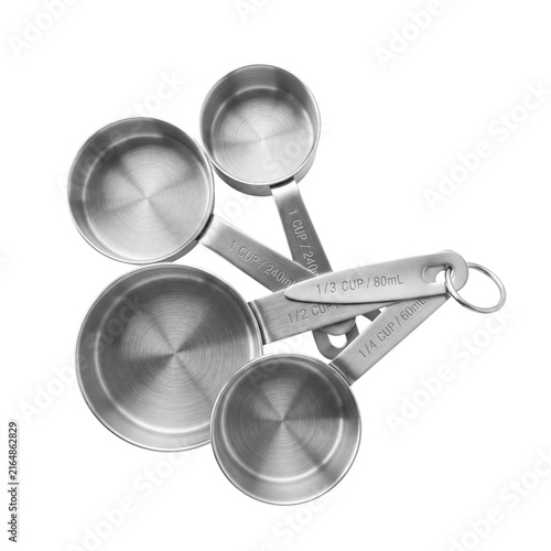 Set of stainless steel measuring cups with ring