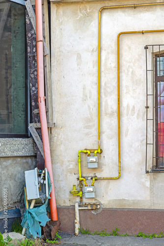 Fotografie Yellow Pipes Valves and Meter for Natural Gas Supply to House in Craiova Romania