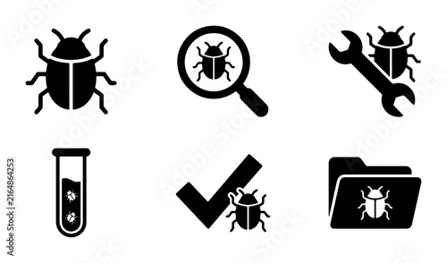 Bug Icons Set: Software Testing, Debugging, Research, Quality Assurance, Vector Graphics
