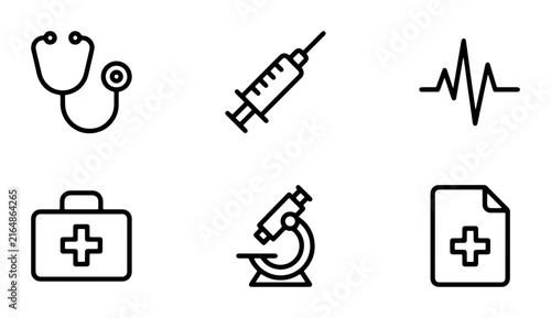 Medical Icons Set: Stethoscope, Syringe, ECG, First Aid Kit, Microscope, Health Record