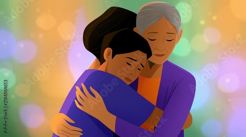 Two women one younger and one older embracing with closed eyes against a soft bokeh background during a moment of tender emotional connection