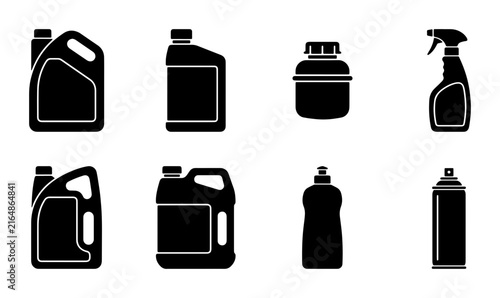 Collection of Black Liquid Container Icons: Bottles, Cans, and Spray Spritzers for Cleaning, Automotive, and Industrial Use