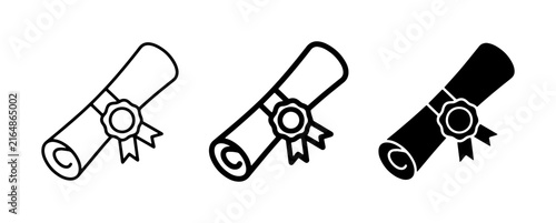 Graduation Diploma Icons, Certificate Scrolls, Award Seals. Set of 3 Vector Graphics for Education, Achievement, and Recognition Concepts.