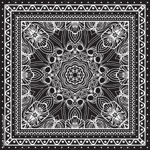 Vintage Ethnic Paisley Mandala Bandana Scarf Design Square Line Art Pattern