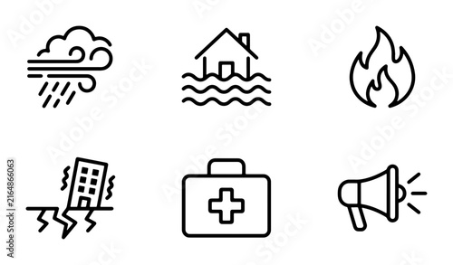 Disaster Icons Set: Storm, Flood, Fire, Earthquake, First Aid, Megaphone. Emergency Symbols Collection, Vector Graphics for Safety and Warning