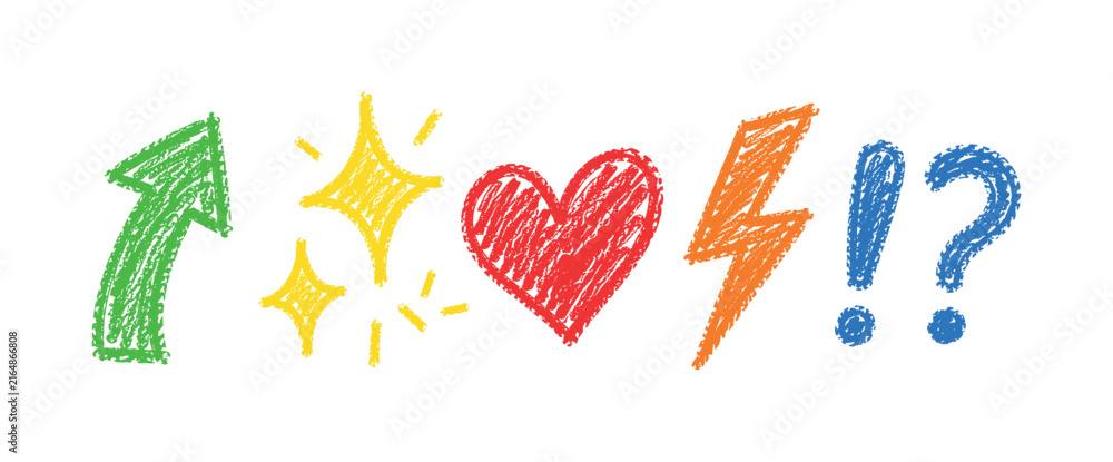 Fototapeta premium Hand drawn crayon symbol collection with green arrow, yellow sparkles, red heart, orange lightning, and blue punctuation, crayon,