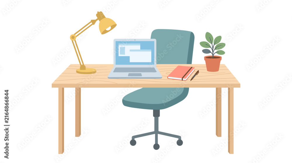 Fototapeta premium Desk Setup: A neatly arranged desk with a laptop, desk lamp, chair, notebook, pen, and a potted plant, creating a simple and functional workspace.