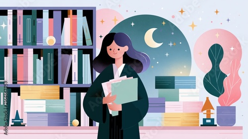Woman holding documents in a library setting with celestial night sky elements promoting education and knowledge
