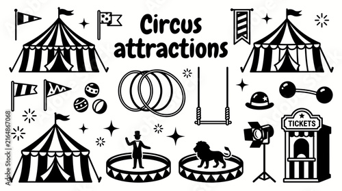 Foto circus attractions featuring big top tents flags juggling balls hoops trapeze eq