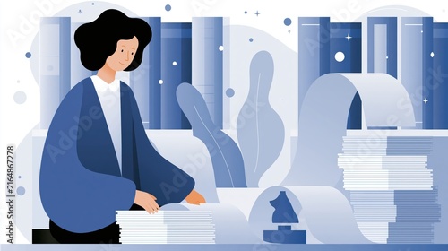 Woman sorting documents in a library with stacks of paper and scrolls during a creative process