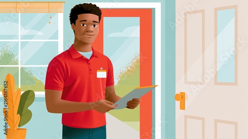 Young Black Man in Red Uniform Holding Clipboard at Doorway with Greenery Background