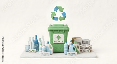 3D Render of Recycle Bin with Sorted Plastic and Paper Icons, Waste Management Sustainability Concept
