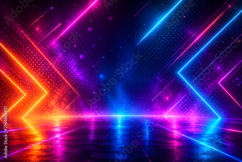 Abstract Neon Geometric Lines and Colorful Light Reflections – Futuristic Digital Technology Background