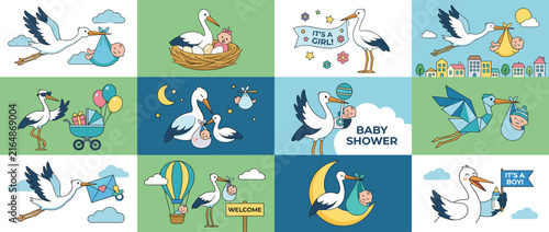 Collection of storks delivering babies and celebrating new arrivals