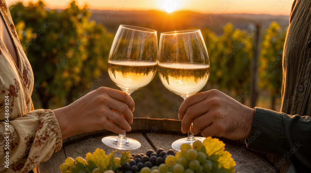 Fototapeta premium Couple clinking white wine glasses at sunset in vineyard. Romantic date during harvest season at winery estate.