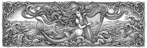 Vintage mermaid plays harp amidst swirling ocean waves in engraving style