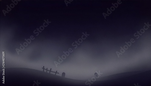 Background Depicting Hills, Graveyards, and Fence Silhouettes Wrapped in Deep Night Fog