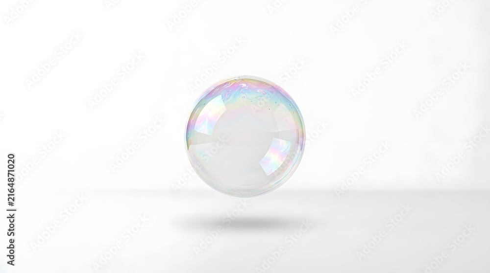 Obraz premium Single soap bubble floating with iridescent colors on a minimalist white background