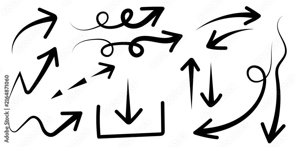 Fototapeta premium Collection of hand drawn black arrows isolated on a white background for design and business presentation elements