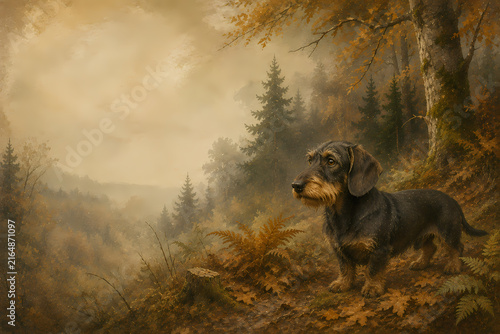Hunting Dog in Misty Autumn Woodland – Hunting Companion, Wildlife and Outdoor Adventure Background