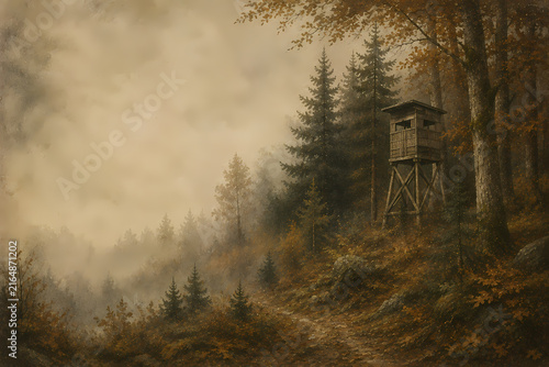 Hunting Tower in Misty Autumn Forest – Deer Stand, Wildlife Hunting and Atmospheric Woodland Landscape
