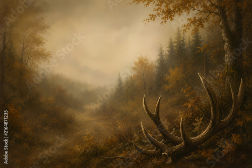 Red Deer with Antlers in Misty Autumn Forest – Wildlife, Hunting, Wilderness and Woodland Nature Background