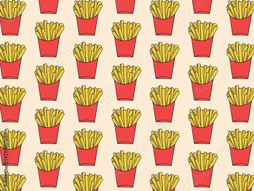 Fotografie Seamless pattern featuring illustrations of French fries in red containers