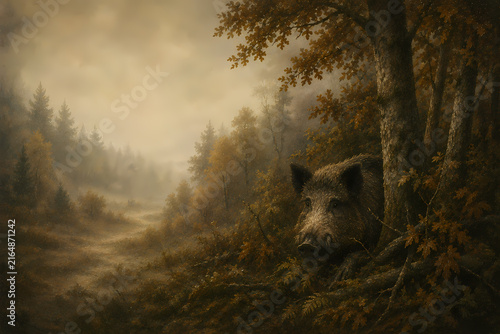 Wild Boar in Misty Autumn Forest – Wildlife, Game Hunting, Wilderness and Atmospheric Woodland Landscape