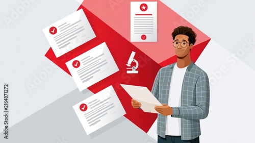 Young man with glasses reviewing medical documents during research with microscope icon and abstract red shapes