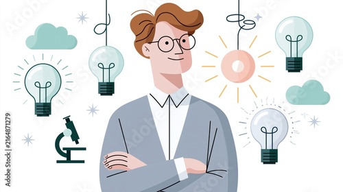 Young man with glasses surrounded by light bulbs and clouds representing innovation and scientific discovery during daytime