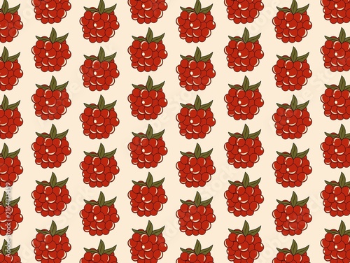 Konstfotografi Seamless pattern featuring stylized red raspberry clusters with green leaves on a light beige background