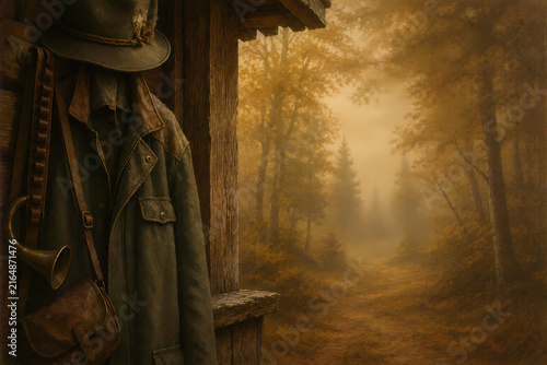 Rustic Hunting Cabin in Misty Autumn Forest – Hunting Gear, Woodland Wilderness and Atmospheric Nature Background
