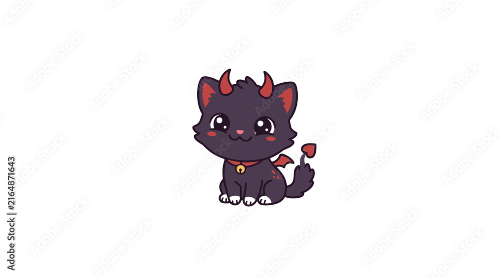 Fototapeta premium Cute Black Devil Cat Vector Illustration with Red Horns and Wings