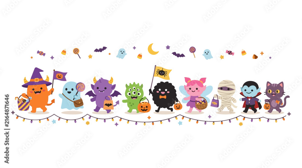 Fototapeta premium Cute Halloween Monsters and Characters Trick or Treating with Candy and Costumes