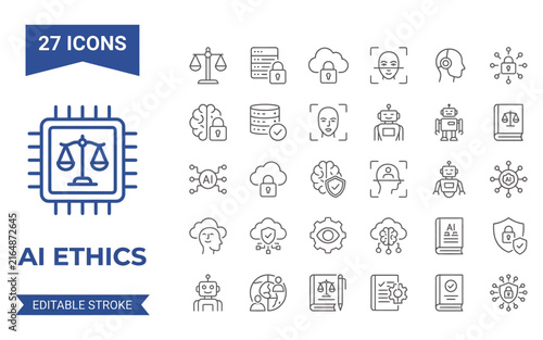 Foto Ai ethics line icon set featuring black outline symbols for artificial intelligence secure policy