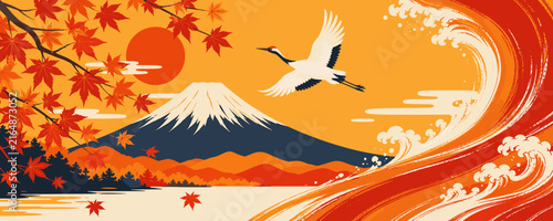 Japanese landscape with Mount Fuji, crane, maple leaves, and ocean waves