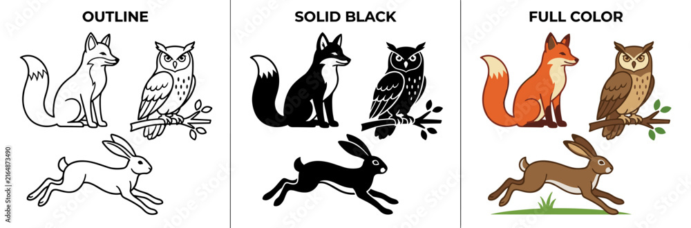 Fototapeta premium Set of forest animals including fox, owl, and rabbit in outline, solid, and full color