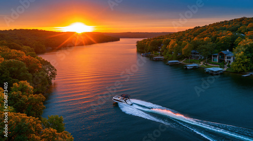Speedboat Cruising on Lake of the Ozarks at Sunset Created with Generative AI Technology AI Generative