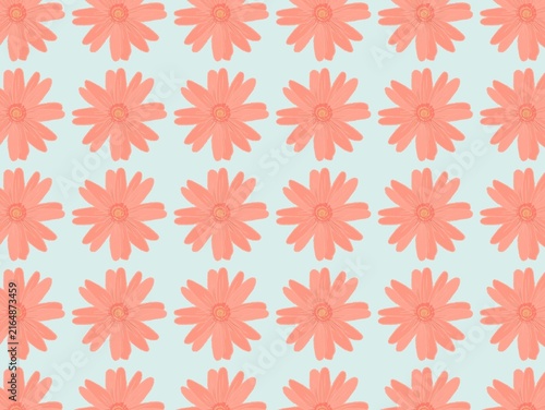 Принти на полотні Repeating pattern of stylized orange-pink flowers resembling daisies, set against a light blue background