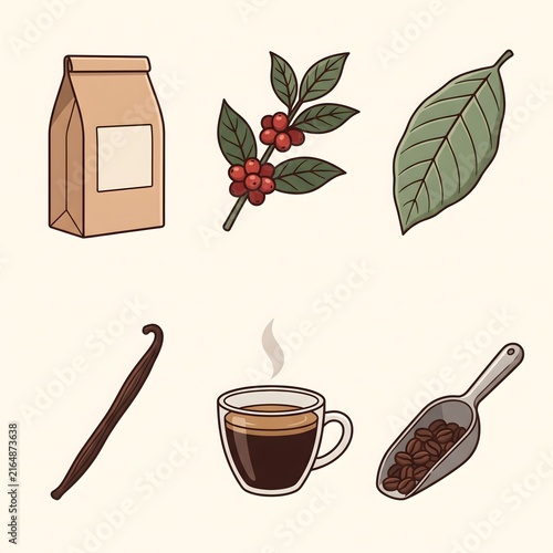Vintage coffee icons set, roasted beans and espresso cup, organic cafe elements