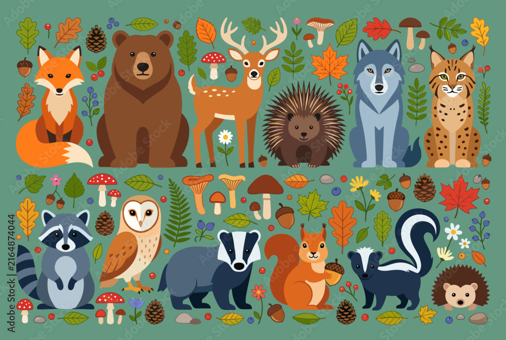 Naklejka premium Charming forest animals and autumn elements in a flat design illustration