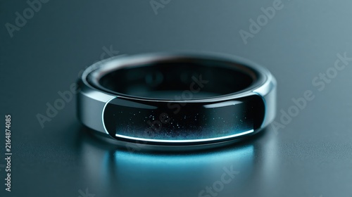 Futuristic smart ring with glowing blue accents and digital display