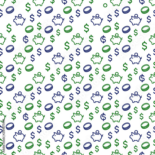 Seamless pattern of piggy banks and dollar coins for financial savings and investment