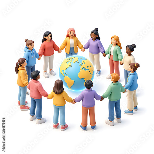 Diverse group of 3D people holding hands in a circle around a globe for global unity