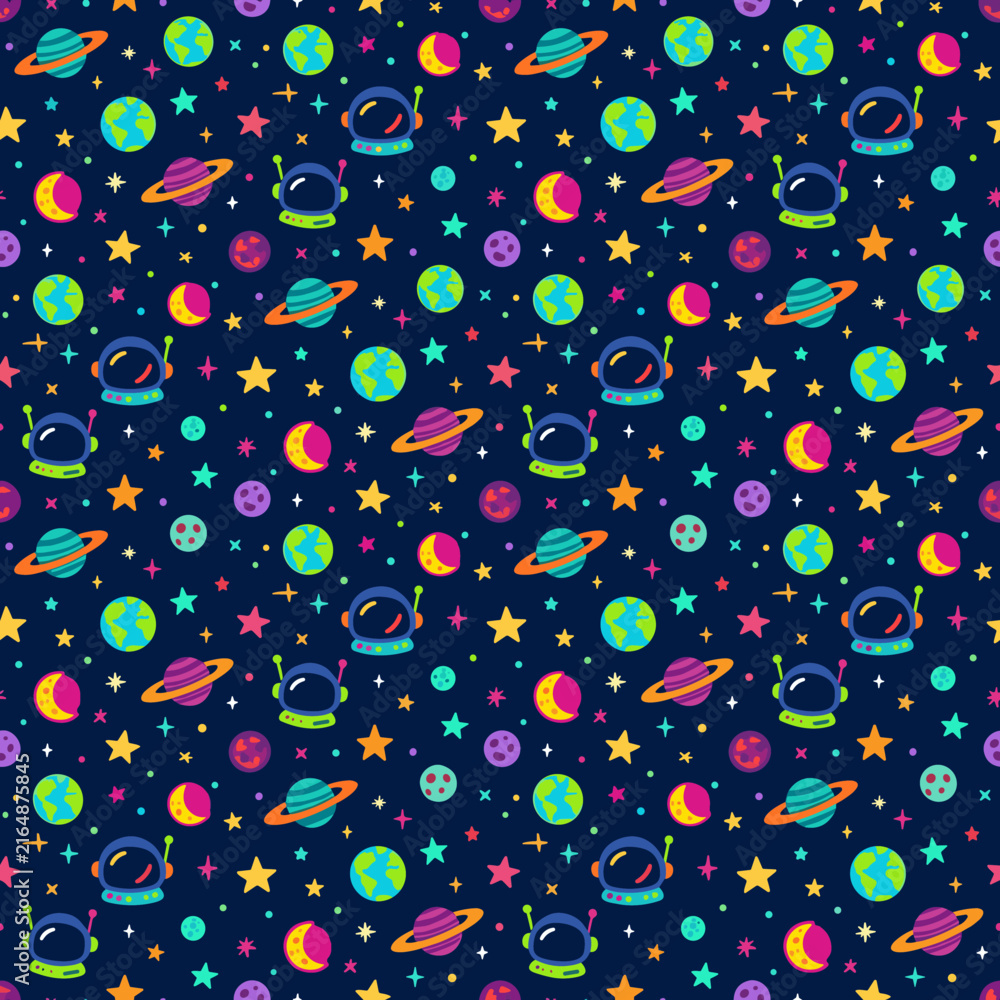 Fototapeta premium Whimsical space pattern with astronauts, planets, and stars for kids