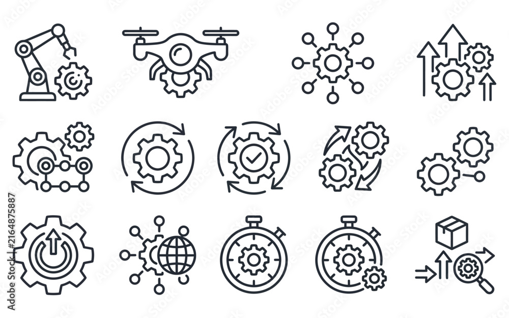 Fototapeta premium Gear machine process icons set featuring engineering automation efficiency optimization technical design.