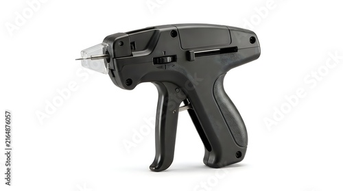 Black plastic clothing price tag gun with needle isolated on white background for retail labeling