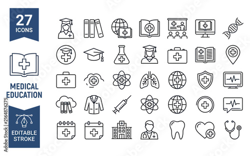 Obraz na plátně Medical education vector line icon set featuring black outline symbols for healthcare learning modules